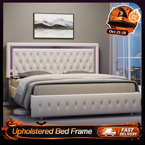 【Bed Frame Only】VanAcc LED Bed Frame with Led Lights Adjustable Headboard Velvet Button Tufted/Acrylic Mirror Accents, No Box Spring Needed #TikTokShopBlackFriday #TikTokShopBlackFriday #Chrismas decor