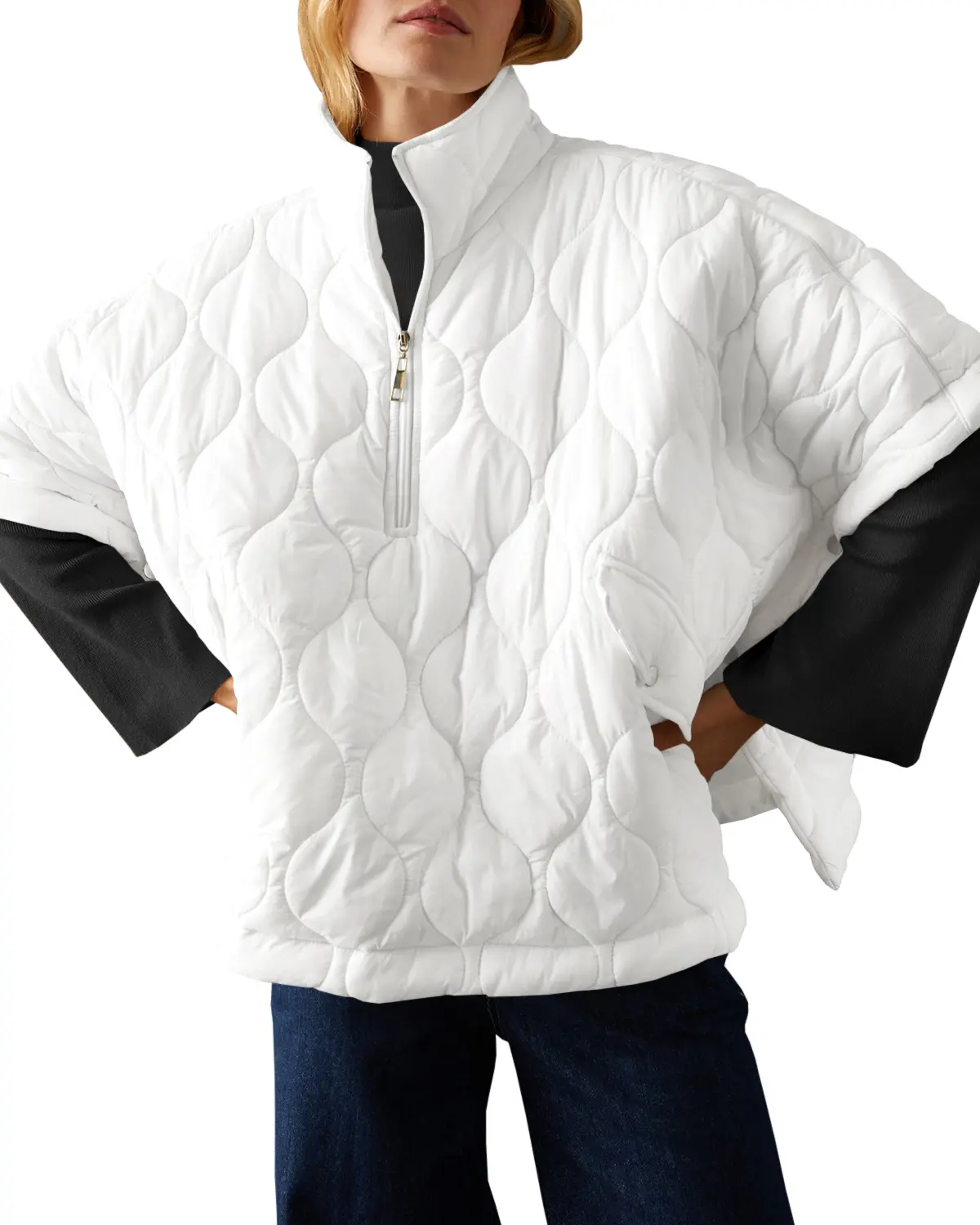 Lannew Womens Quilted Puffer Jackets Oversized Lightweight Down Coat Half Sleeve Zipper Loose Button Hem Poncho Fashion Womenswear