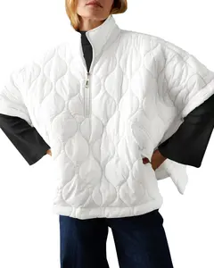 Lannew Womens Quilted Puffer Jackets Oversized Lightweight Down Coat Half Sleeve Zipper Loose Button Hem Poncho Fashion Womenswear