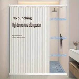1pc Modern Vertical Striped Folding Shower Curtain - Made Of Polyester, Heat Insulation, Easy To Install And Store, Ripple Folding Top Style, Unlined, Suitable For Bathroom Decoration, Bathroom Shower Curtain Bathroom Accessories Back To School