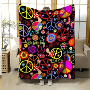 Vintage Hippie Print Flannel Blanket, Soft Warm Comfortable Nap Blanket, Multifunctional Throw for Sofa Bed Office Camping Travel Gift