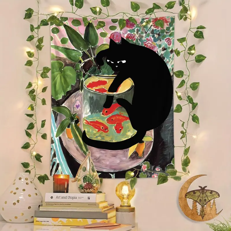 Cat & Fish Pattern Tapestry, Plant & Flower Pattern Wall Hanging, Wall Art Decoration for Home Living Room Bedroom, Tapestry Wall Mural