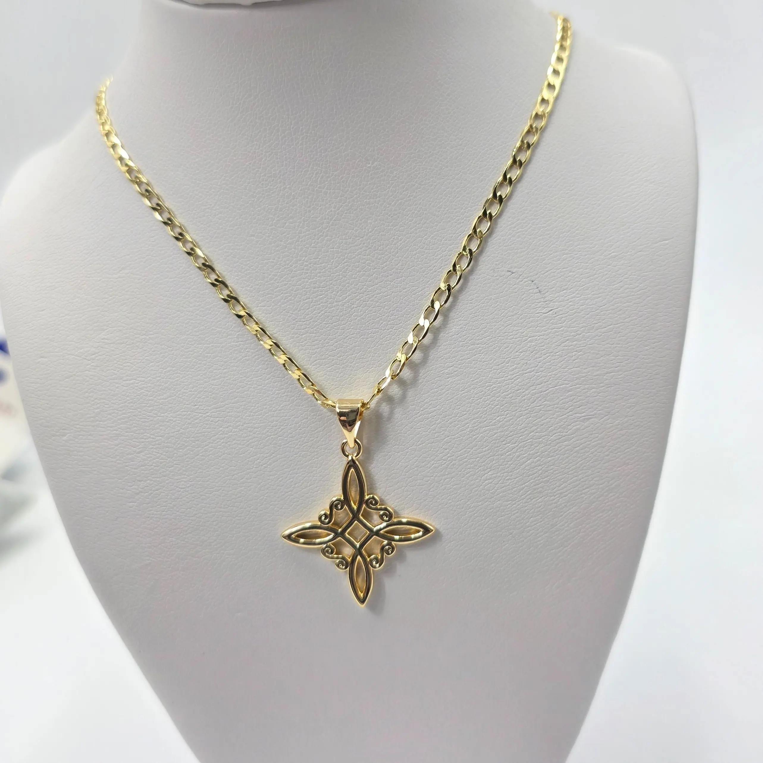 Nudo de Bruja Pendant and Cuban Chain Size 23 Inches Gold Tone Celtic Knot Design Necklace Eternity Strength
