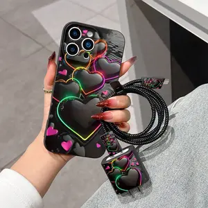 6-Piece Heart and Rainbow Design Smartphone Casing Set, Includes Charger Head Cover, Cable Protectors, Ideal Gift for Couples and Teens