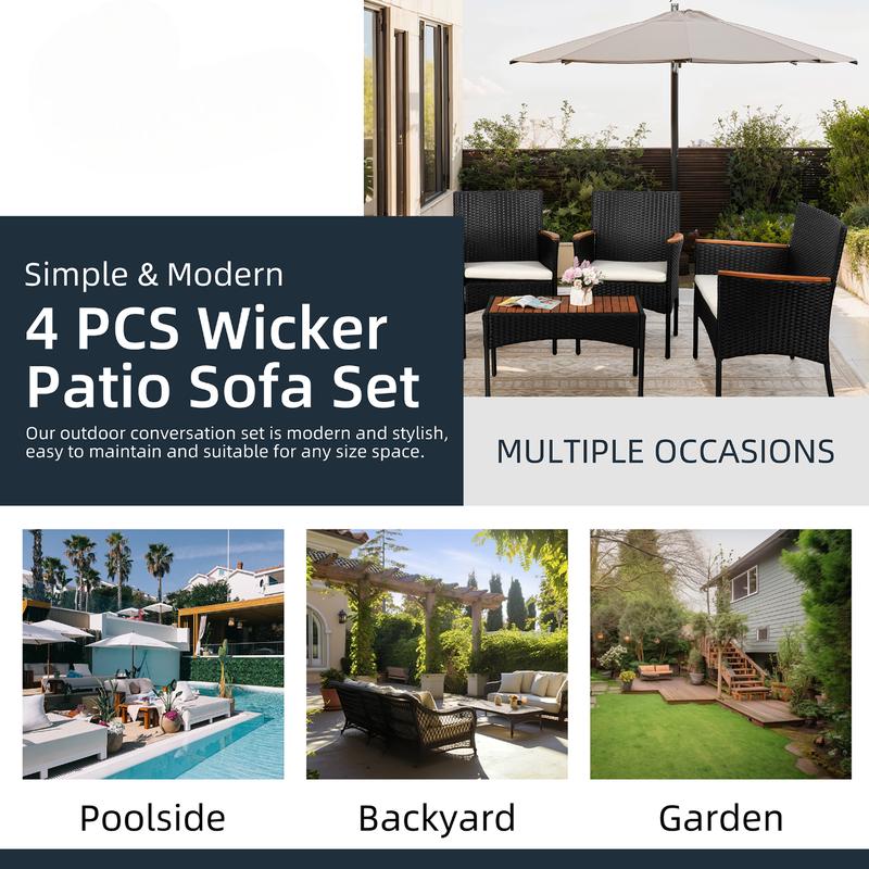 Walsunny 4-Piece Patio Furniture Set, Outdoor Wicker Patio Set with Cushions and Wooden Table for Lawn Backyard, White Rustic Dining Compact