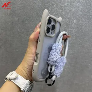Cartoon Cat Ear Transparent Silicon Case For iPhone 13 15 14 12 16 ProMax 16 Plus 13 Mini 11 Wristband Wrist Strap Lanyard Cover