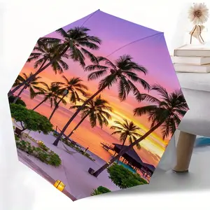 Night Beach Pattern Automatic Folding Umbrella, Lightweight Compact Travel Umbrella, 8-Rib Strong Frame, Unisex, Halloween & Christmas Gift