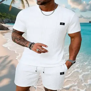 Men's casual sports jacquard round-neck short-sleeved shorts set, made of fashionable and casual knitted jacquard fabric with slight elasticity, is an excellent gift for him. Suitable for vacation wear, trendy wear, and spring summer wear