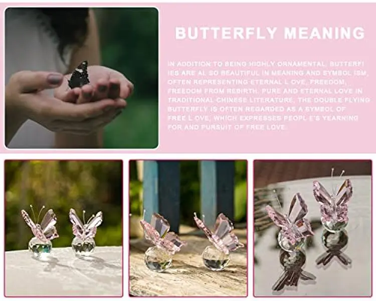 2 Pcs Crystal Butterfly Figurines with Clear Glass Ball Base,Glass Butterfly Statues, Crystal Animal Figurines for Home Ornament Decor(Pink)