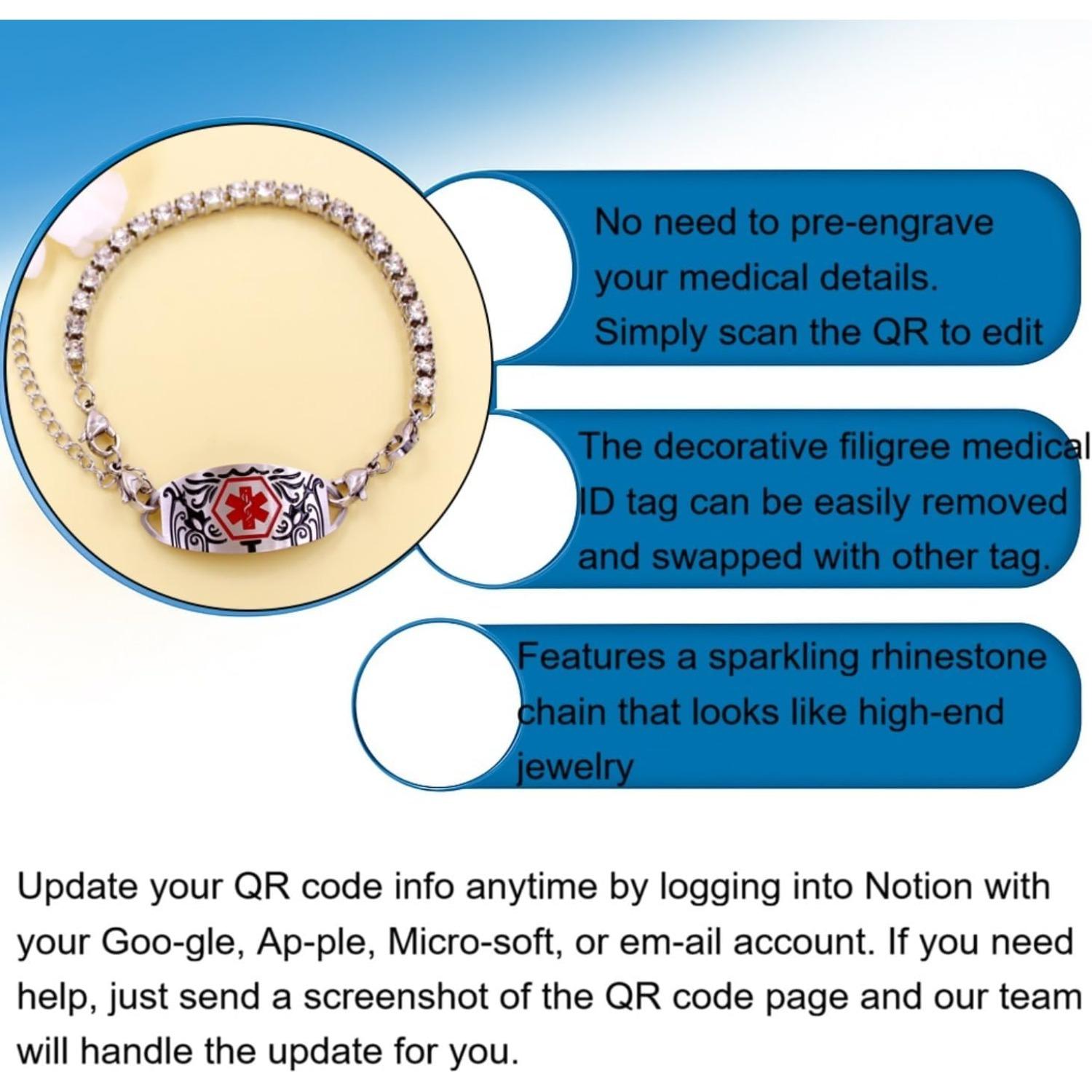 Dynamic QR Code Medical Alert Tennis Bracelet - Stainless Steel - Rhinestone Inlaid, Interchangeable Tag, Dual Lobster Clasps & Extender, Scan to Update Health/Allergy/Emergency Info, Fashion Medical ID Bracelet
