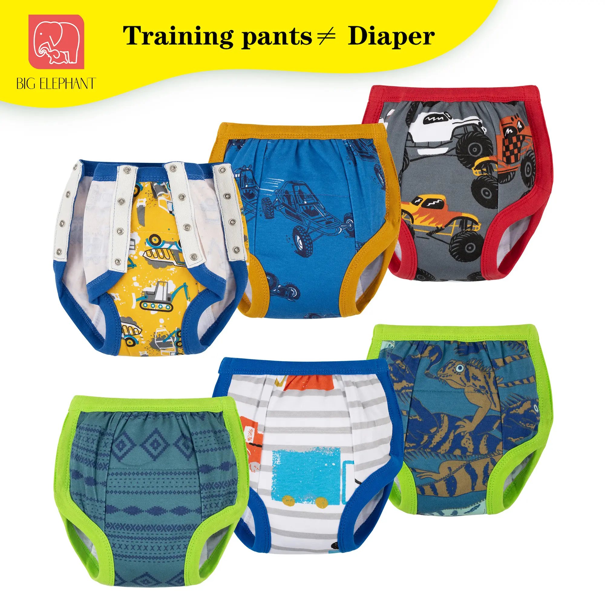 BIG ELEPHANT 6 Pcs Toddler Boys' and Girls' Potty Training Pants with Side Snaps, 100% Cotton Reusable Training Underwear for 2T-4T Toddlers