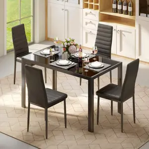 5 Pieces Modern Living Room Dining Table Set, Glass Dining Table For 4, High Back PU Leather Chairs For Living Room, Kitchen And Dining Room White Door Wardrobe