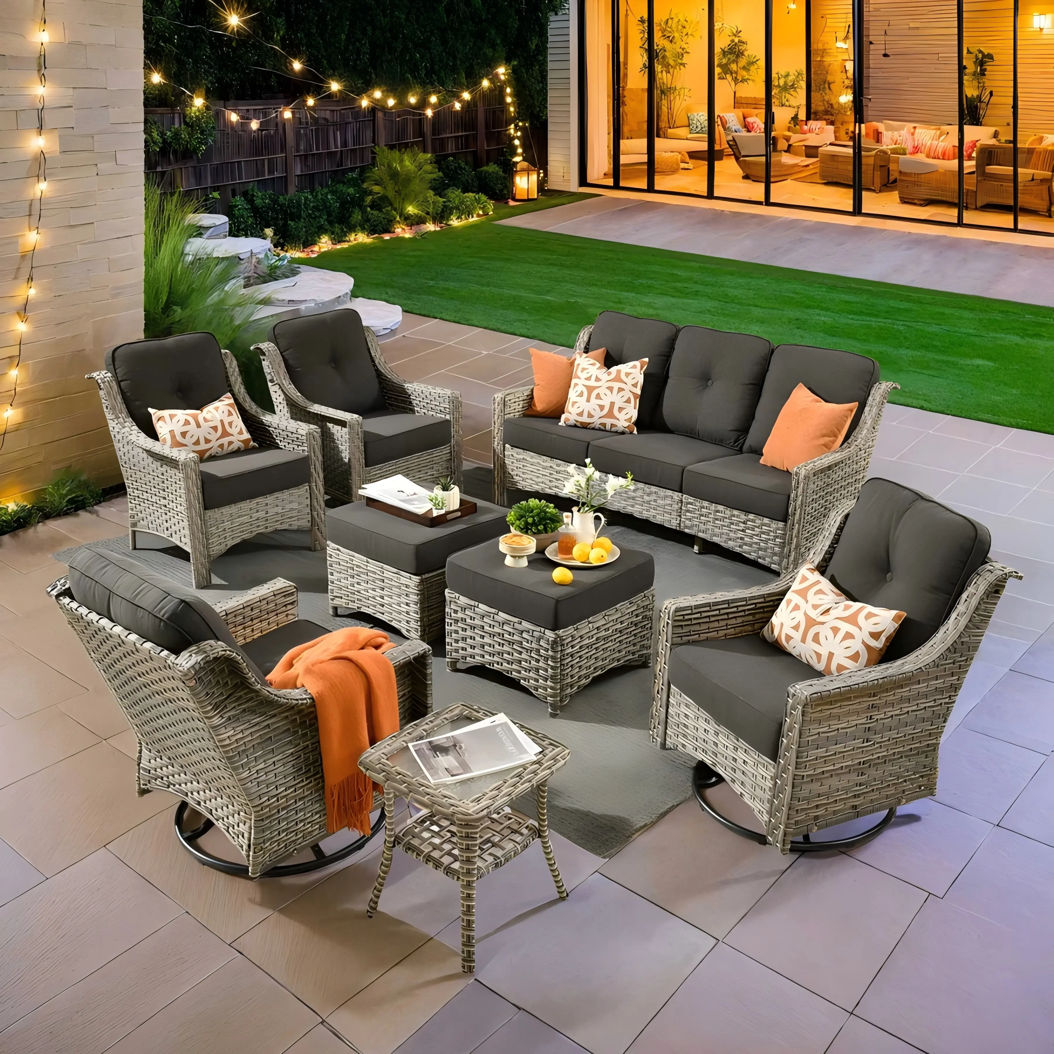 【Summerfinds】OVIOS 8-Piece Outdoor Patio Furniture Set with Swivel Rocking Chairs, All-Weather Wicker Conversation Set with Cushions for Backyard, Patio, Porch, Deck & Garden