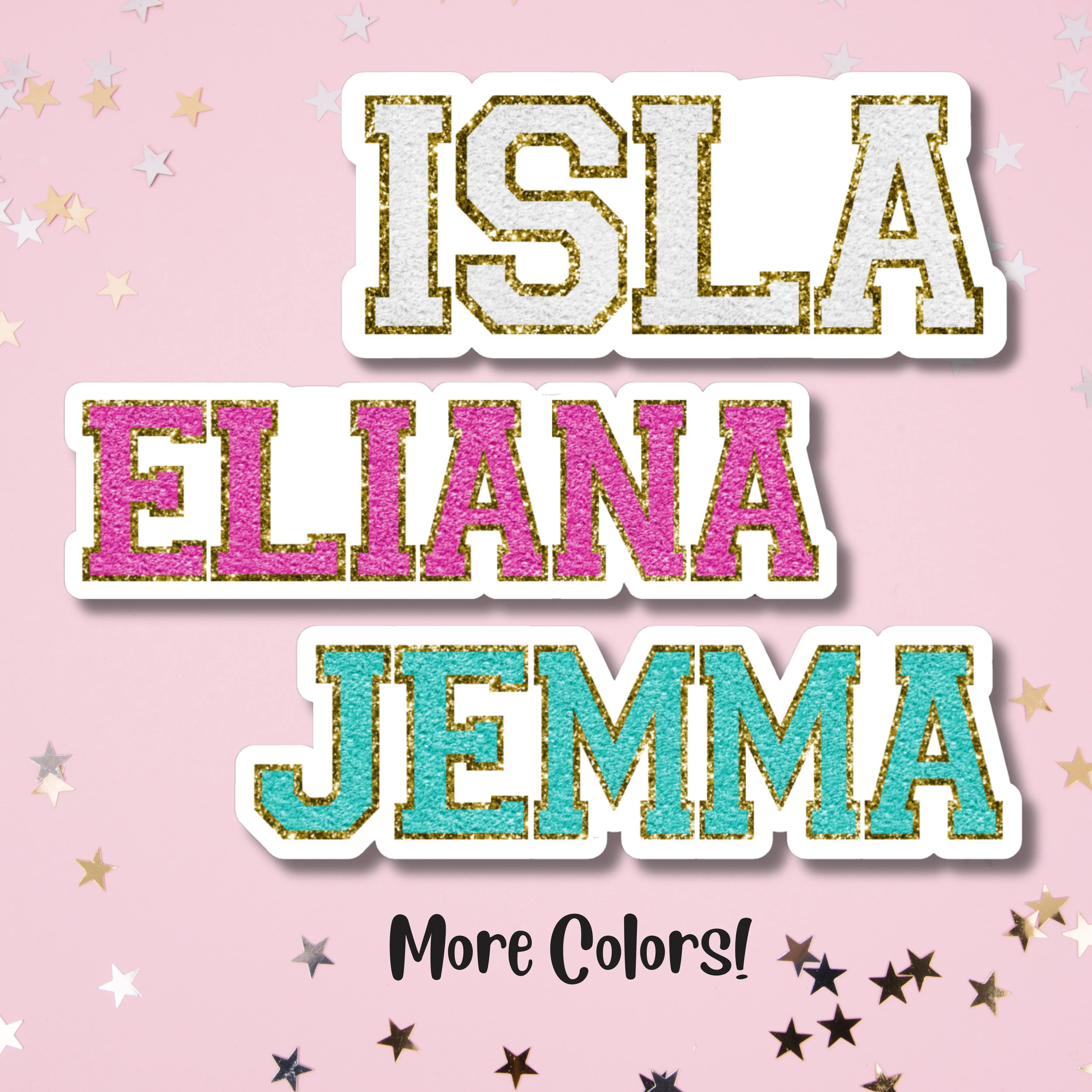 Faux Chenille Letters Personalized Name Stickers with Gold Glitter Accents for Notebooks & Water Bottles 3-8 Inches