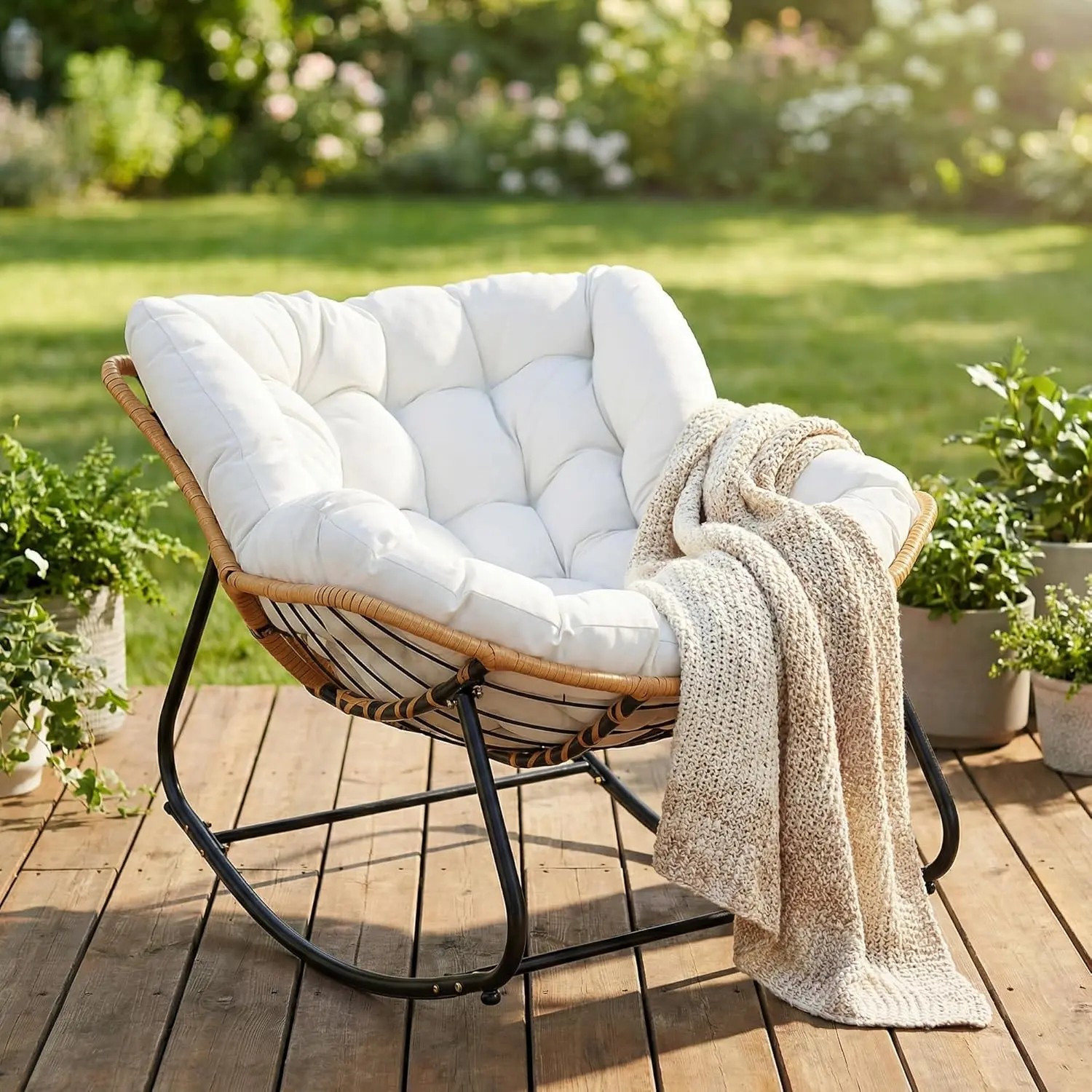 Outdoor Rocking Chair, Papasan Egg Style with Thick Cushion, Comfy Patio Lounge Chair for Balcony, Porch and Living Room, 330 lbs Capacity