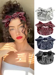 Women Boho Hairbands Set of 4, Wide Bow Headband, Cute Sweet Accessories, Paisley Print Girls Hair Decor, Rabbit Ears Elastic Sports Headband