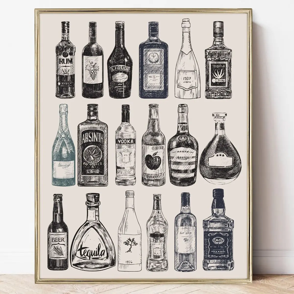 printable bar wall art Poster | bar art gallery wall prints | bar cart vintage liquor bottles art print | black & white decor | home bar wall art