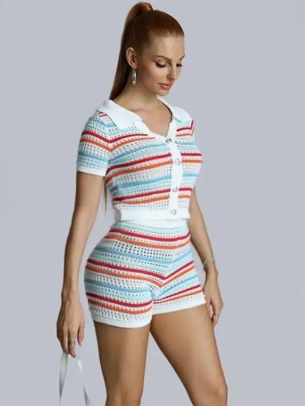 Women's 2-Piece Multi-Color Stripe Knit Lapel Short-Sleeve Top & Shorts Set, Spandex-Polyester Clothes with Buttons