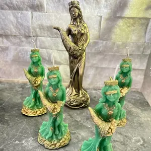 4.55 inch Goddesses of Wealth Candle Handmade Altar Decoration Green with Gold Accents for Spiritual Decor