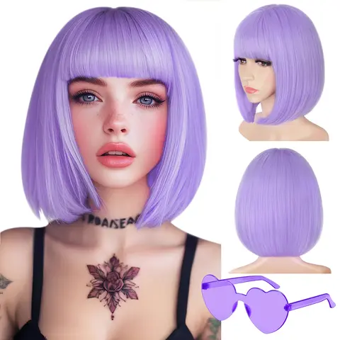 HIUSVO Short Bob Hair Wigs with Bangs 10 Inches Synthetic Colorful Cosplay Daily Party Wig for Women+ Free Wig Cap &Sunglasses