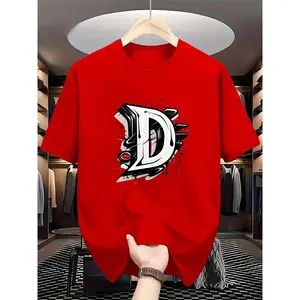 180G Pure Cotton Single-Sided Printed Round Neck Short Sleeve T-Shirt, Men's Sports T-Shirt - Breathable, Lightweight, Black with Floral Large Letter "D" Print, Comfortable Style, Suitable for Large Sizes, Men's Casual Summer T-Shirt