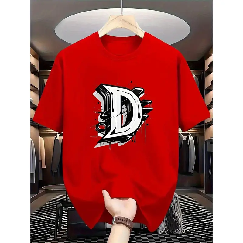 Men's 180G Soft Cotton Short Sleeve Round Neck Tshirt - Single-Sided Black Floral Large Letter 'D' Print, Breathable, Lightweight, Anti-Pill Fabric, Big-Size Fit, Casual Summer Wear, All Over Print Compatible, All Seasons Adaptable, Avoid Bleach
