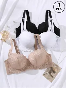 1pce/3pce Comfortable Plus Size Bra, Ideal for Daily Wear and All-Day Comfort, Underwire Design, Medium Support, Casual Style, Unlined