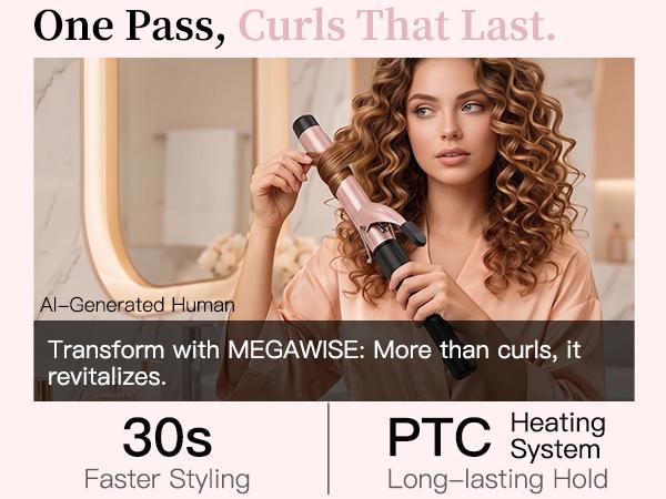 MEGAWISE 1.25-Inch Ceramic Barrel Curling Iron for Soft Curls, 60s Fast Heating, Adjustable Heat Up to 430°F, LCD Temp Ctrl, Plug Powered, Dual Voltage, Suitable for All Hair Types