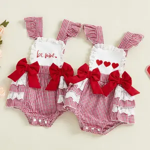 Valentine's Day Baby Girls Rompers Comfortable Sleeveless Square Collar Ruffled Letter Embroidery Bow Jumpsuit