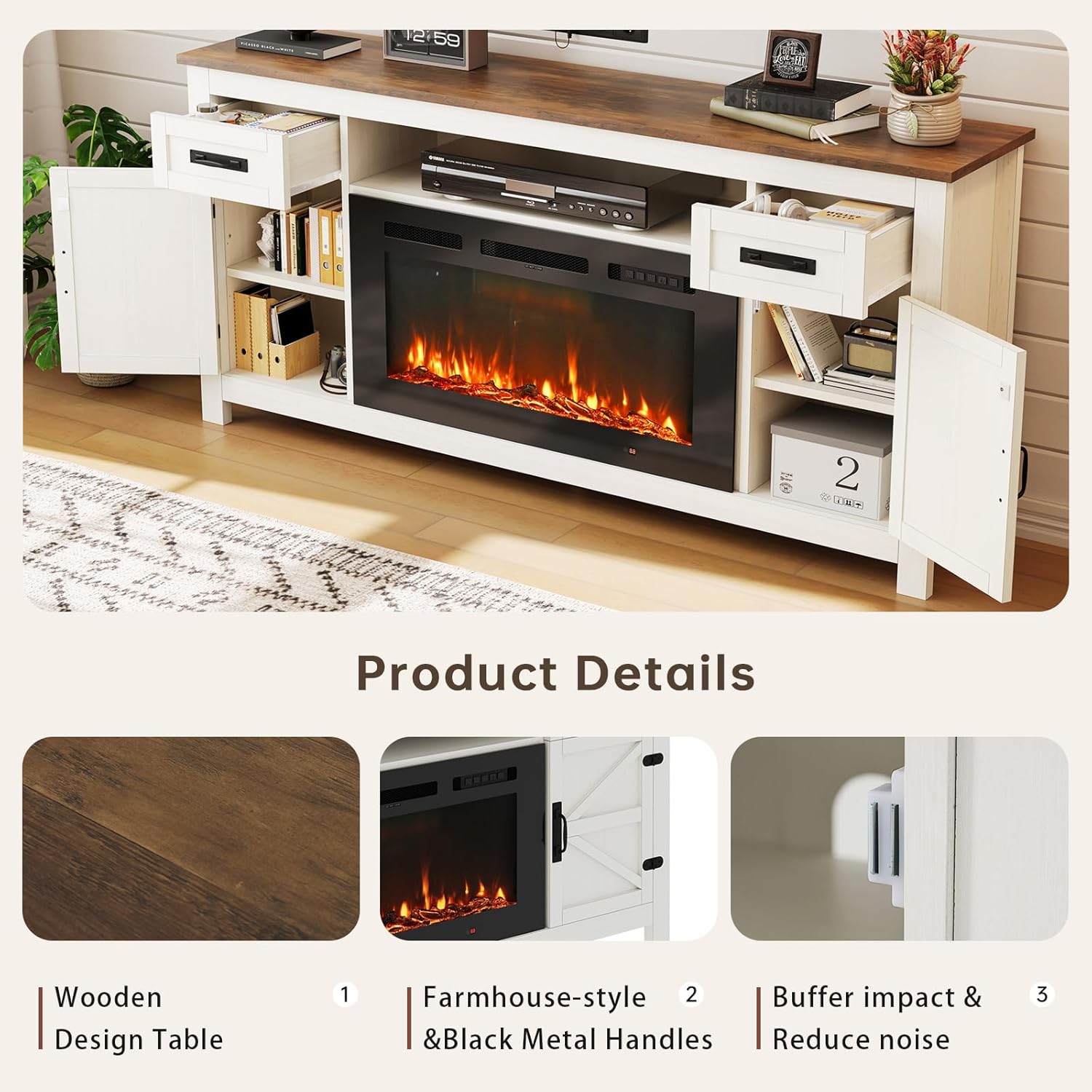 Oneinmil 70" Fireplace TV Stand for TVs up to 80", Farmhouse Entertainment Center with Barn Doors & Storage Cabinets, White & Black Finish