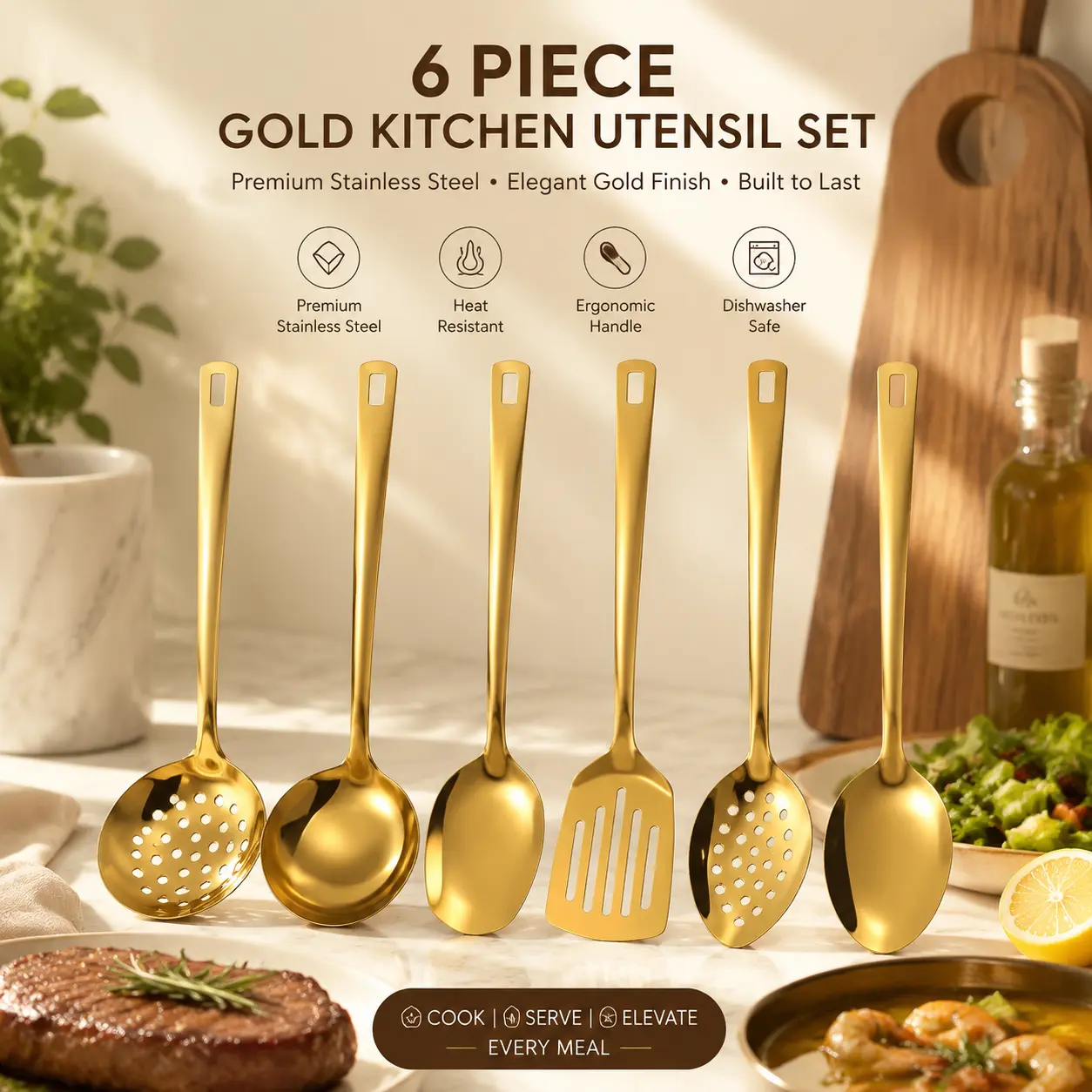 Luxury Gold Stainless Steel 6-Piece Kitchen Utensil Set - Essential Home Cooking Supplies for Cooking & Serving, 6-Piece Kitchenware Set, Six Pieces