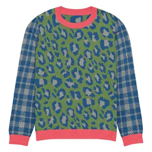 Leopard in Blue and Green Plaid Knitted Crewneck Sweater
