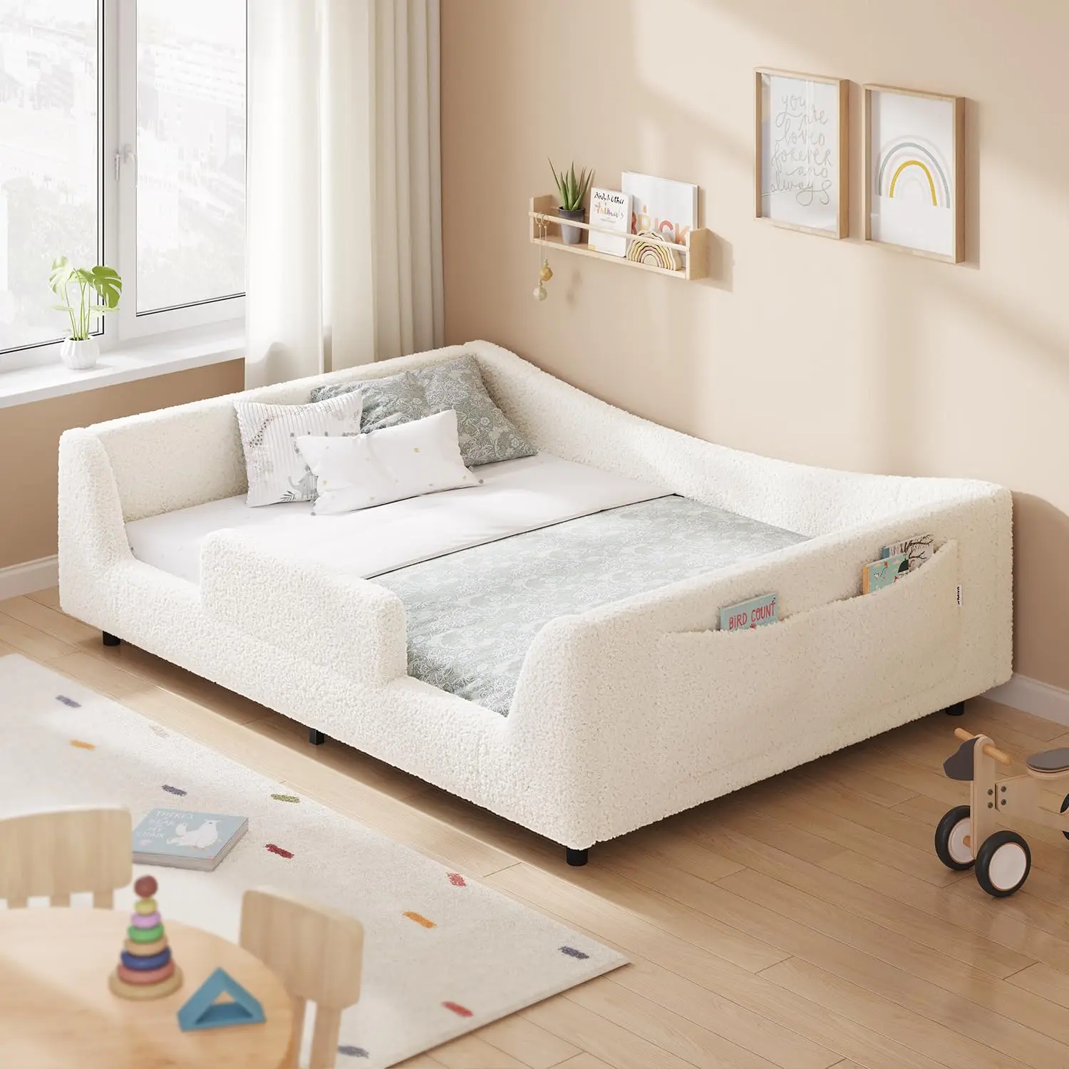 Sikaic Floor Bed, Low Montessori 2-in-1 Beds, with Slats and High Rails, Upholstered Teddy Boucle, Curve Round Frame for Girls and Boys, No Box Spring Needed, Beige Summerwins