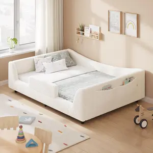 Sikaic Floor Bed, Low Montessori 2-in-1 Beds, with Slats and High Rails, Upholstered Teddy Boucle, Curve Round Frame for Girls and Boys, No Box Spring Needed, Beige summergarden