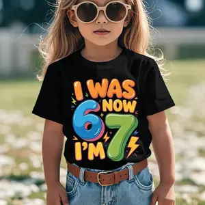 Boy's and Girl's 7th Birthday T-shirt "I Was 6 Now I'm 7" No. 67 Conch Design Cotton Round Neck Short Sleeved Summer Milestone Celebration Dress KD10269456 Cartoon Pattern Micro-Elastic birthday