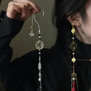 Copper Coin Ear Cuff Unisex Earrings Ancient Style Hanfu Elements Tassel Versatile Accessory