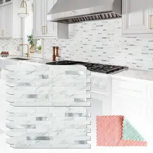 20 Sheets Peel and Stick Backsplash, White Marble with Metal Silver Look Stick on Tile for Kitchen, RV, Fireplace