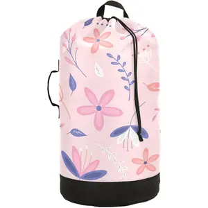 Laundry Backpack Hamper Bag with Shoulder Straps Handle Dirty Laundry Bags for Traveling Camp College Dorm Duty Waterproof Large Capacity Floral Pink