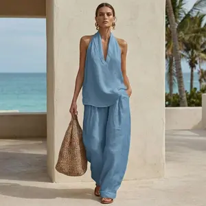 Summer Bohemia Linen Set for Women - Halter Neck Sleeveless Top & Loose Wide Leg Pants, Beach Vacation Brunch Casual Outfit