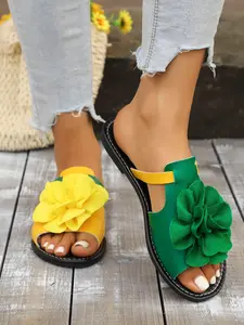 Women's Fashionable Flower Decorated Slides, Casual Comfortable Flat Sandals for Beach, Summer Barefoot Shoes for Women & Girls, Footwear