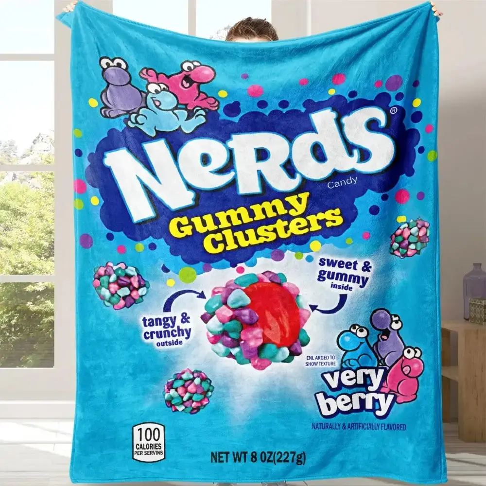 Nerds Gummy Clusters Pattern Plush Throw Blanket: Ultra Soft Cozy Lightweight Fleece Cover for Sofa. Funny Sweet Candy Aesthetic Room Decor & Warm Novelty Gag Gift for Teens & Adults. Perfect Portable Couch Snuggle Wrap for Christmas, Birthdays & Movies!