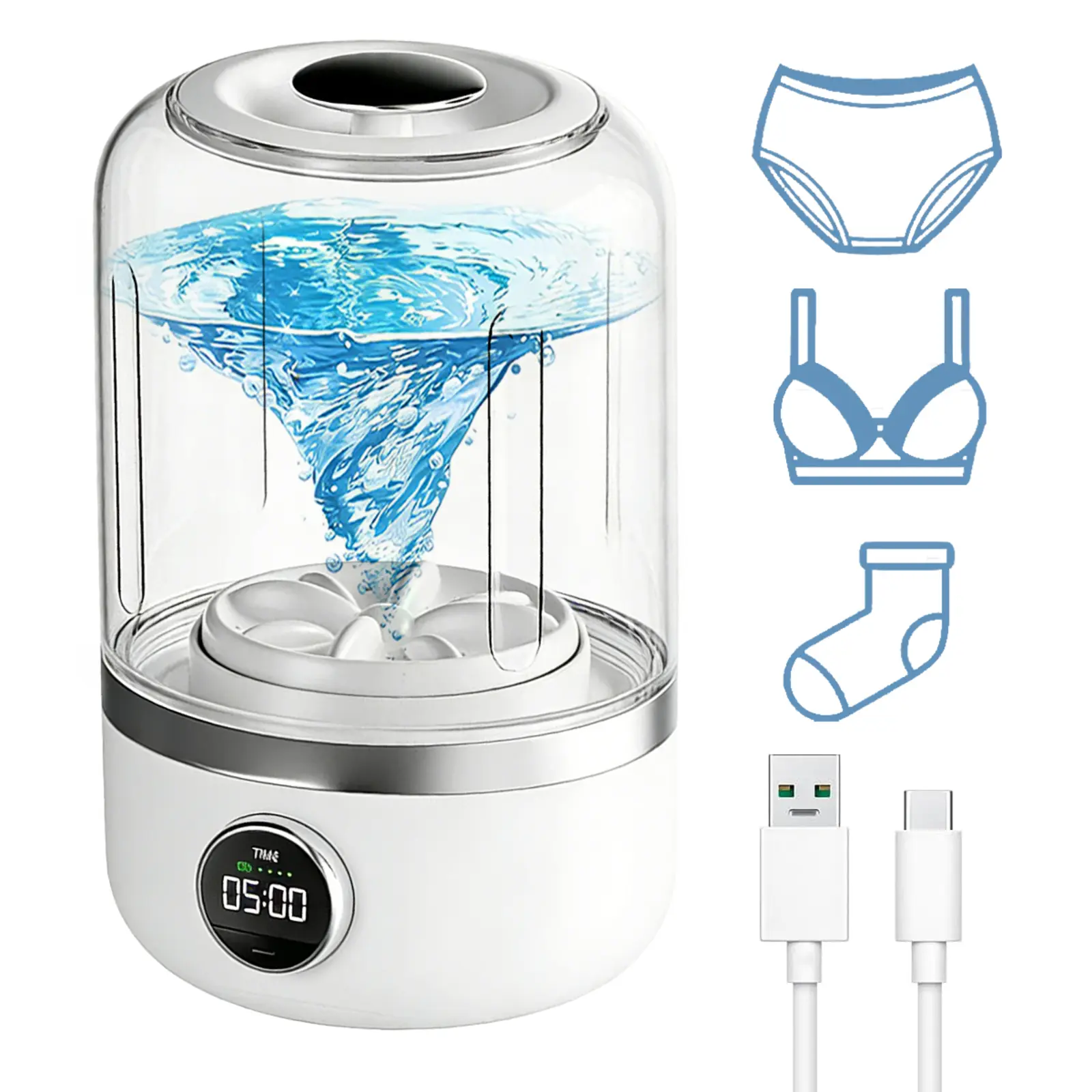 1.2L Portable Mini Underwear Washing Machine, USB Rechargeable Turbine Small Clothes Washer, Deep Clean Blood Milk Grease Stains for Socks Lingerie Travel Dorm Apartment