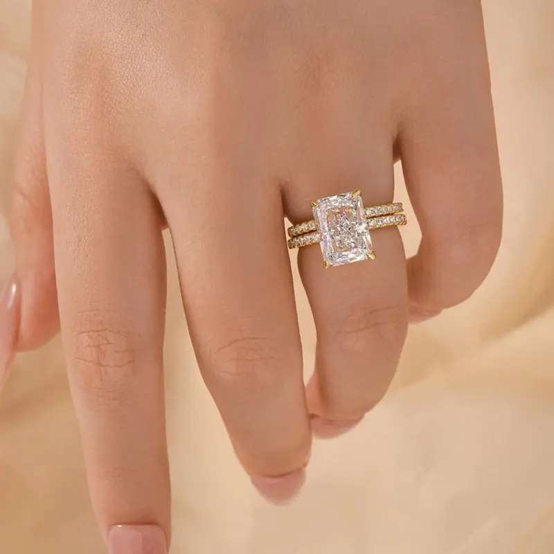 Radiant Cut Engagement Ring Set - Size 6, 14K Gold-Plated Sterling Silver, Rectangle Crushed Ice D Color, with Half Eternity Bridal Wedding Band
