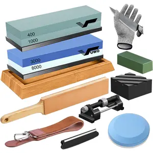 Sharpening Stone Kit - Whetstone Dual Grit 400/1000 3000/8000  Sharpener Set with Leather Strop, Flattening Stone, Honing Guide,  Base, Angle Guide, Cut Resistant Gloves