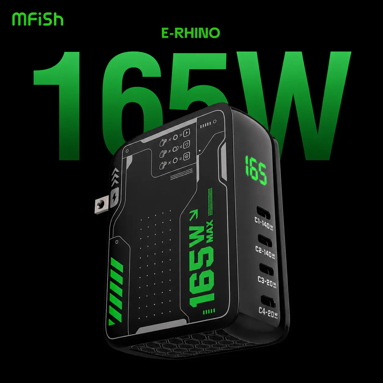 mfish E-RHINO 165W Total GaN USB-C Laptop Wall Charger - 4-Port Foldable US Plug Single Unit, Rotatable LCD Smart Control Charger for Electronic Devices, Phones, Game Consoles