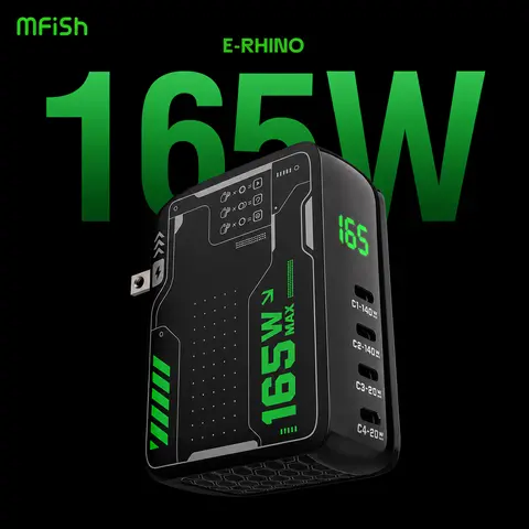 mfish E-RHINO 165W Total GaN USB-C Laptop Wall Charger - 4-Port Folding US Plug, Rotatable LCD Smart Charging AC Power Supply Charger for Mobile Smartphones, Game Consoles