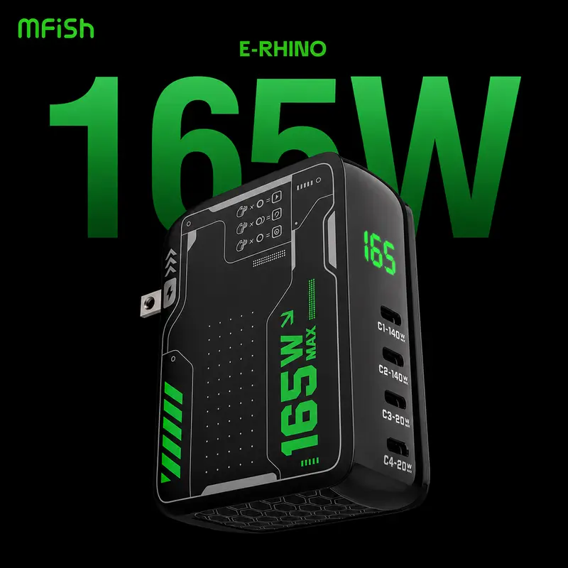 mfish E-RHINO 165W Total GaN USB-C Laptop Wall Charger - 4-Port Folding US Plug, Rotatable LCD Smart Charging AC Power Supply Charger for Mobile Smartphones, Game Consoles
