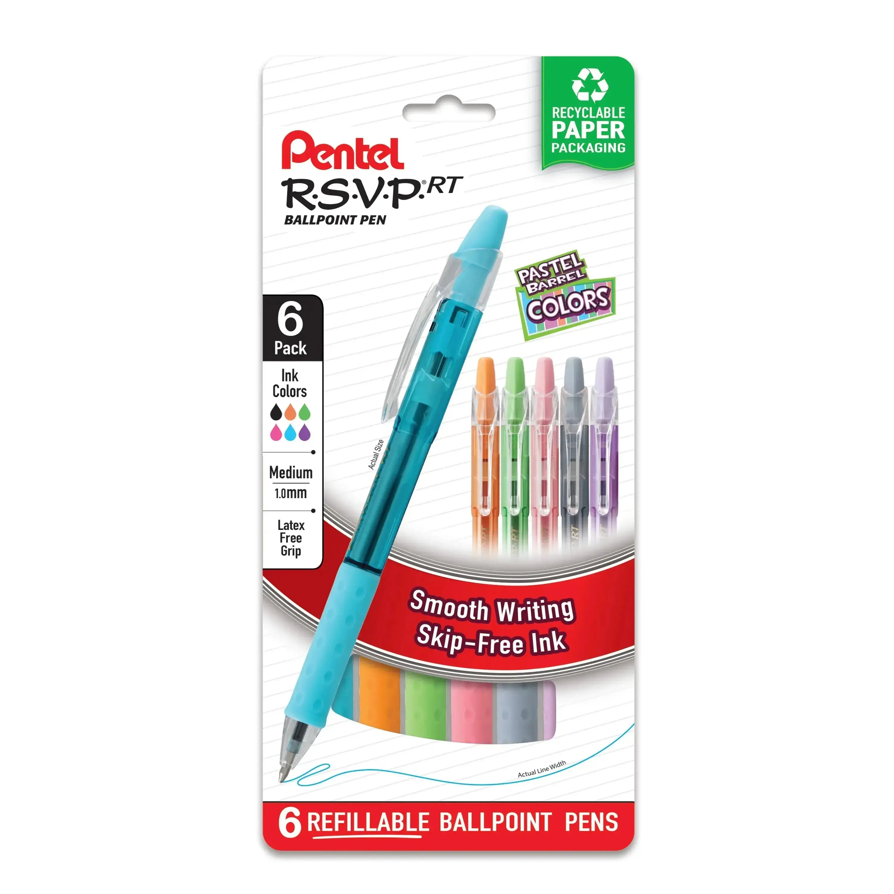 Pentel RSVP RT COLORS Ballpoint Pen, (1.0mm), Assorted Ink, 6-Pk