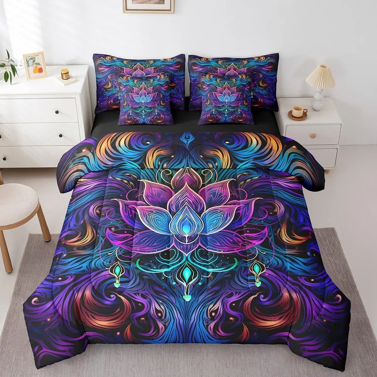 Lotus Bedding Comforter Sets Bohemian Theme Bed in a Bag 7pcs Purple Gradient Bedding Set Tribal Paisley Comforter Set Flower Bed Set Navy Blue Floral Decor