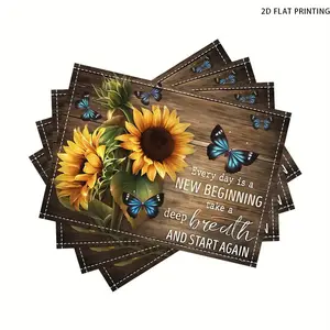 2D flat printing, 2-piece/4-piece 6-piece set, simple and stylish sunflower themed design placemat, suitable for spring and summer holidays, parties, catering and home kitchen decoration, party table arrangement, decorative placemat